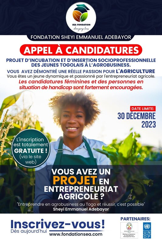  Appel à Candidatures: projet d’incubation et d’insertion socioprofessionnelle des jeunes togolais en agrobusiness.